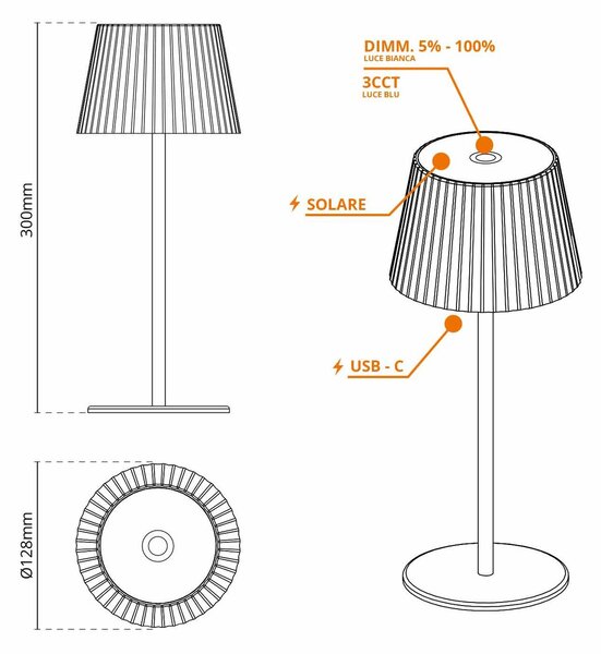 Lampada da Tavolo Solare 2.2W IP54 CCT Dimmerabile - Nera