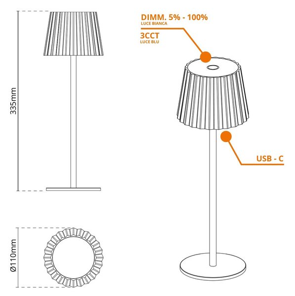 Lampada da Tavolo Ricaricabile 2.2W IP54 CCT Dimmerabile - Bianco Rigato