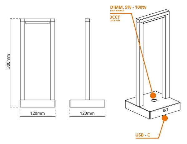 Lampada da Tavolo Ricaricabile 2.2W IP54 CCT Serie VELA - Nera
