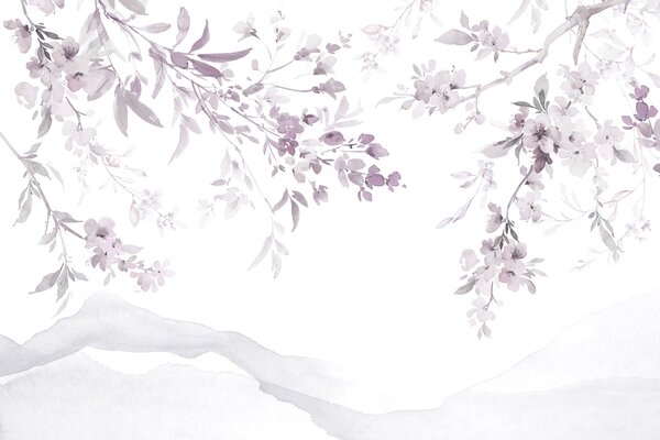 Carta da parati Dipinto raffigurante un ramo d'albero con fiori viola, Carta da parati Alberi, Carta da parati popolare, w03935v1 - Tapeko.it