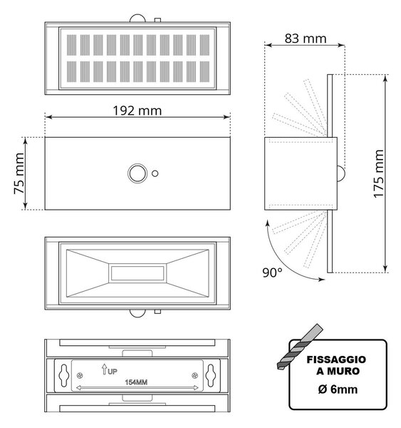Applique LED Solare Bianca Rettangolare con Sensore di Movimento Colore Bianco Naturale 4.000K