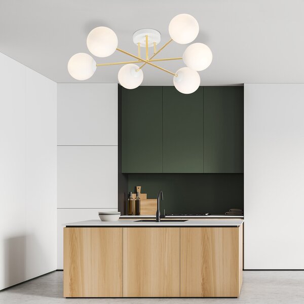 Lampadario da Soffitto in Acciaio e Vetro MAGNUM 6 Bianco Oro 6xE14