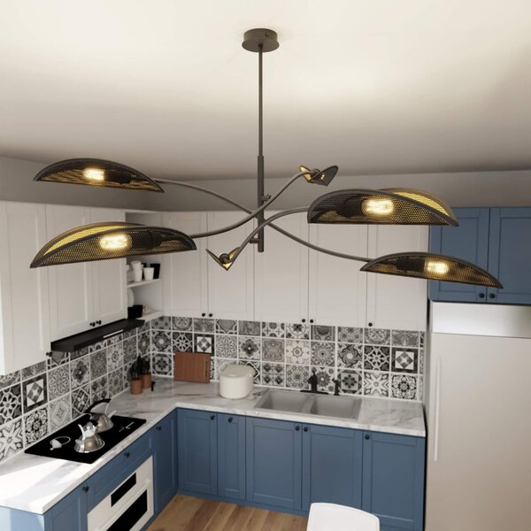 Lampadario a Sospensione in Acciaio e Tessuto LOTUS 6 Nero 6xE14