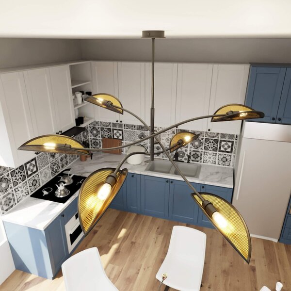 Lampadario a Sospensione in Acciaio e Tessuto LOTUS 6 Nero 6xE14