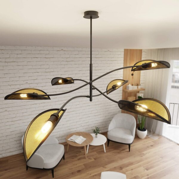 Lampadario a Sospensione in Acciaio e Tessuto LOTUS 6 Nero 6xE14