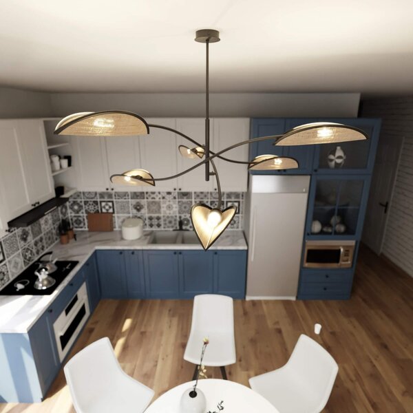 Lampadario a Sospensione in Acciaio e Tessuto LOTUS 6 Nero 6xE14