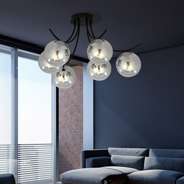 Lampadario da Soffitto in Acciaio e Vetro BOSTON 6 Nero 6xE14