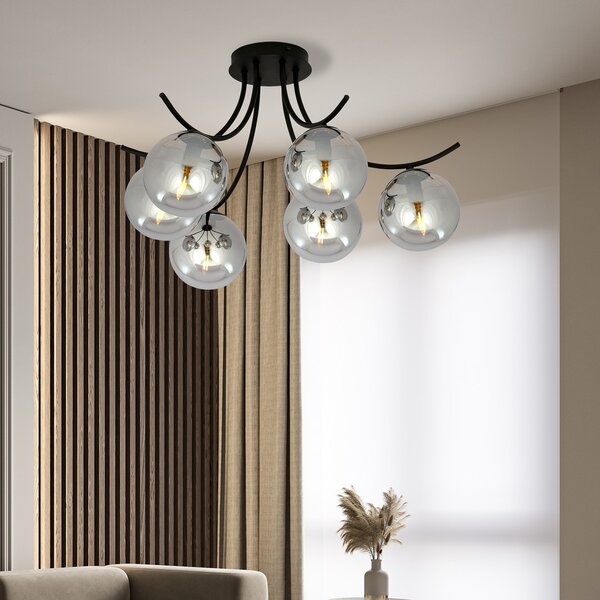 Lampadario da Soffitto in Acciaio e Vetro BOSTON 6 Nero 6xE14