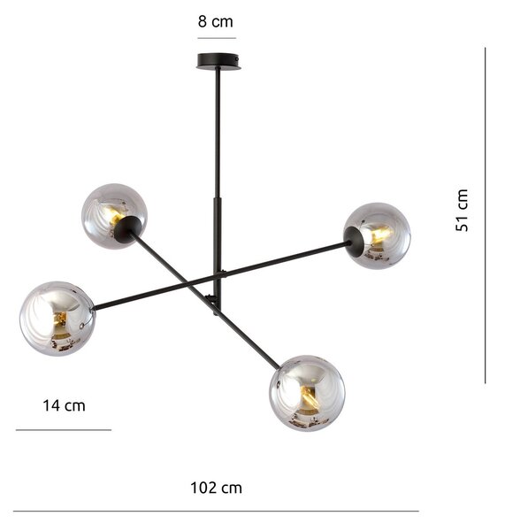 Lampadario a Sospensione in Acciaio e Vetro LINEAR 4 Nero 4xE14