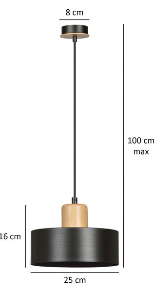 Lampadario a Sospensione in Acciaio e Legno TORIN 1 Nero/Bianco E27