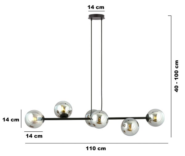 Lampadario a Sospensione in Acciaio e Vetro ROSSI 6 Nero 6xE14