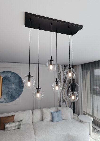Lampadario a Sospensione in Acciaio e Vetro COSMO 6 Nero 6xE14