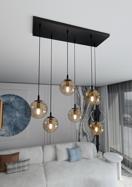 Lampadario a Sospensione in Acciaio e Vetro COSMO 6 Nero 6xE14