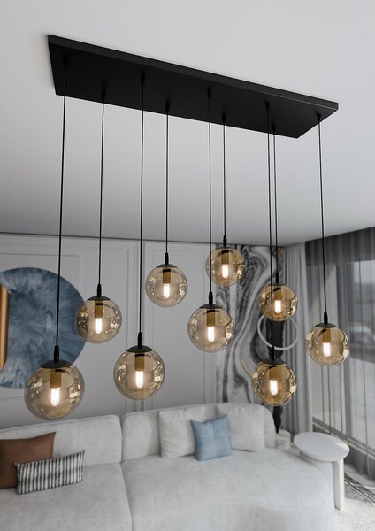Lampadario a Sospensione in Acciaio e Vetro COSMO 9 Nero 9xE14