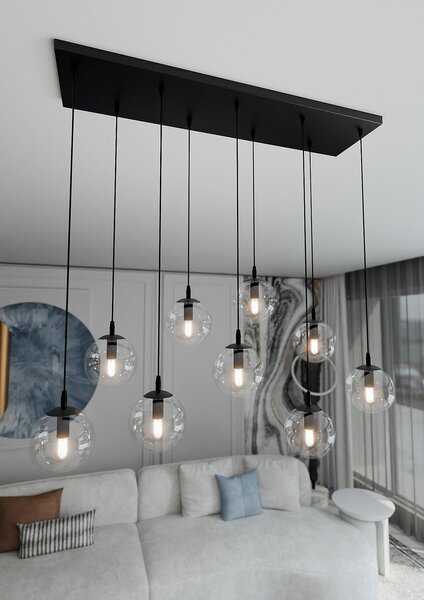 Lampadario a Sospensione in Acciaio e Vetro COSMO 9 Nero 9xE14