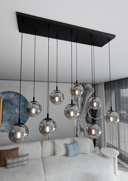 Lampadario a Sospensione in Acciaio e Vetro COSMO 9 Nero 9xE14