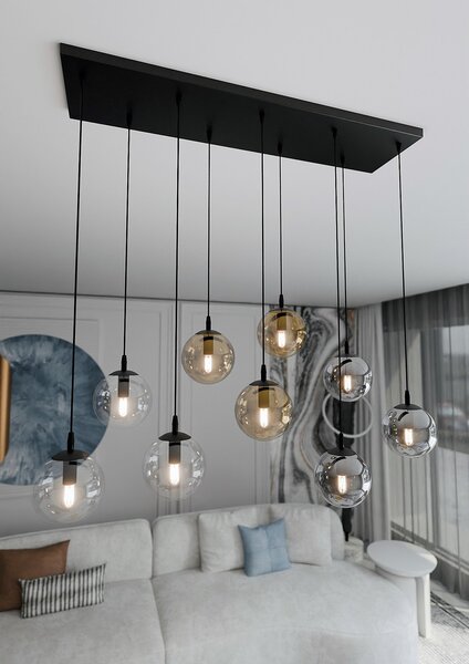 Lampadario a Sospensione in Acciaio e Vetro COSMO 9 Nero 9xE14
