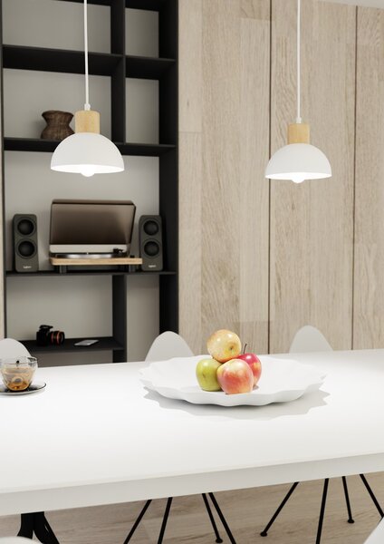 Lampada a sospensione in acciaio e legno SECO 1 E27 bianco