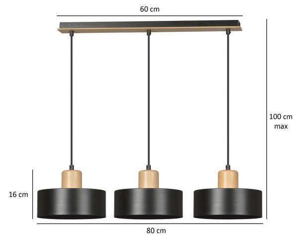 Lampadario a Sospensione in Acciaio e Legno TORIN 3 Nero 3xE27