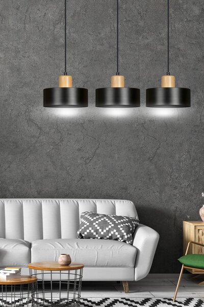 Lampadario a Sospensione in Acciaio e Legno TORIN 3 Nero 3xE27