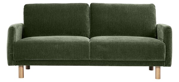 Divano design 3 posti in tessuto effetto velluto verde kaki e legno chiaro BONO