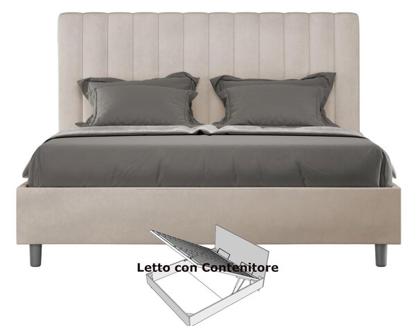 Letto Matrimoniale alla Francese con Contenitore AGUEDA In Microfibra Dimensioni 140x200 cm giroletto imbottito effetto trapuntato Sabbia