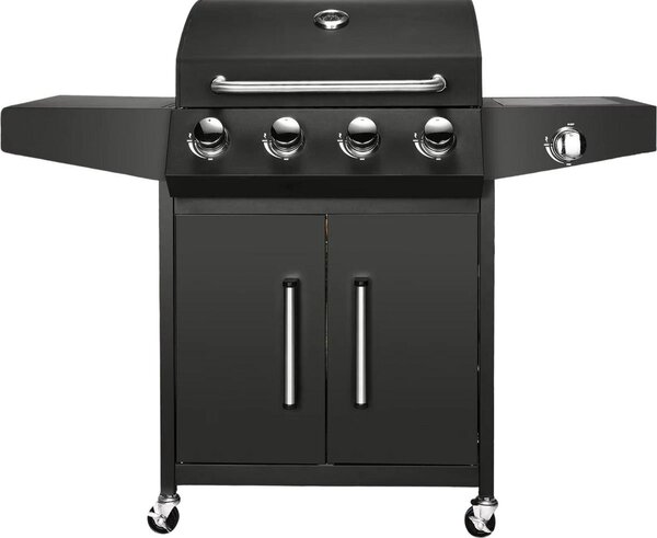 Barbecue a gas BBQ 5 in 1 – Nero – 4+1 bruciatori incl. bruciatore laterale – Termometro e vaschetta raccogli olio – Griglia in acciaio inox per giardino, terrazza e balcone