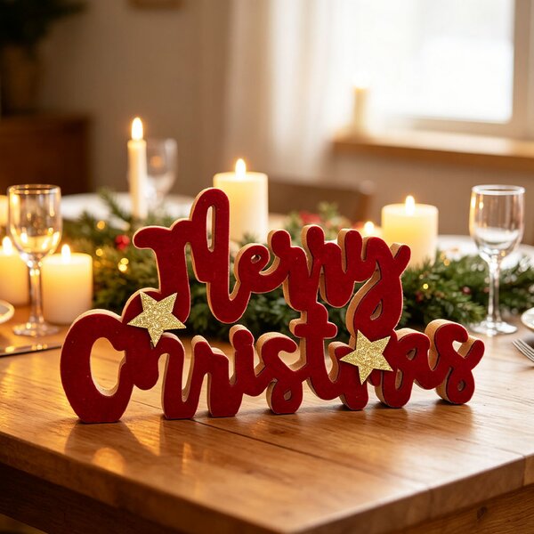 Scritta luminosa decorativa Merry Christmas 20 Microled Bianco Caldo in legno di colore rosso e dorato a batteria Wisdom