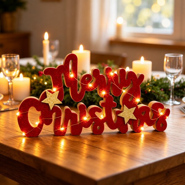 Scritta luminosa decorativa Merry Christmas 20 Microled Bianco Caldo in legno di colore rosso e dorato a batteria Wisdom