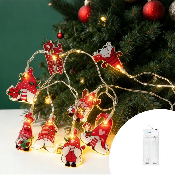 Catena decorata con 9 Gnomi luminosi a Led Bianco Caldo 2 metri a batteria Wisdom