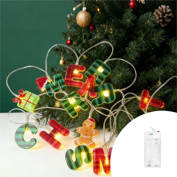 Catena decorata con 15 Merry Christmas luminosa a Led Bianco Caldo 3 metri a batteria Wisdom