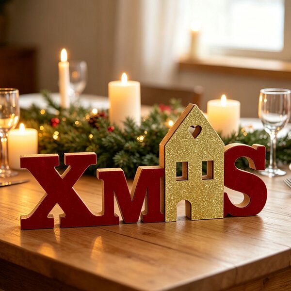 Scritta luminosa decorativa Xmas 20 Microled Bianco Caldo in legno di colore rosso e dorato a batteria Wisdom