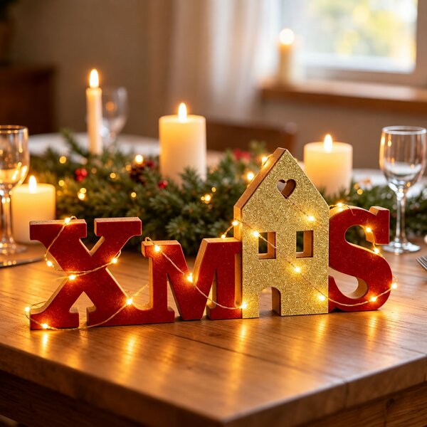 Scritta luminosa decorativa Xmas 20 Microled Bianco Caldo in legno di colore rosso e dorato a batteria Wisdom