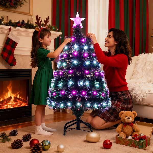 Costway Albero di natale artificiale illuminato con fibre ottiche multicolore, Albero di natale stella sulla cima