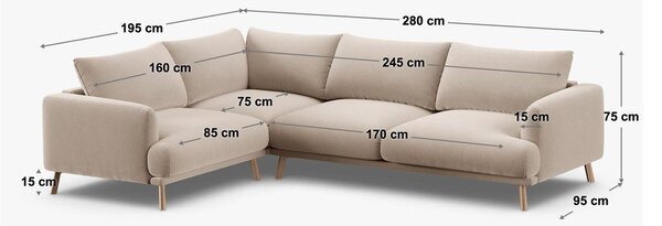 Divano angolare beige (con penisola a destra/a L) con rivestimento in velluto Naomi – Micadoni