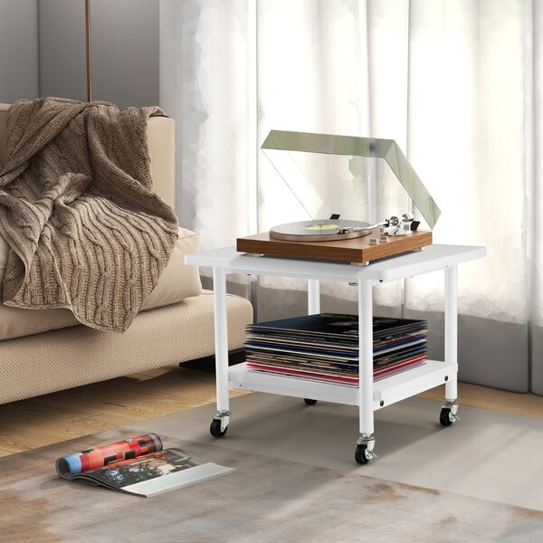 Costway Tavolino in legno multifunzione con ruote girevoli, Mobiletto carrello con 2 ripiani 49x40x37cm Bianco
