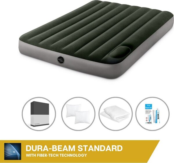 Letto ad aria Intex - 2 persone - 137 x 191 x 25 cm - Verde - Con pompa a pedale incorporata + lenzuolo nero + cuscino + federe Molton 2 in 1 + set di riparazione