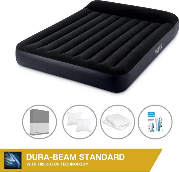 Letto ad aria Intex - 2 persone - 152 x 203 x 25 cm - Blu - Con pompa incorporata, lenzuola antracite, cuscino, federe Molton 2 in 1 e set di riparazione