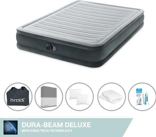 Letto ad aria Intex - 2 persone - 152 x 203 x 33 cm - Grigio - Con pompa incorporata + lenzuola antracite + cuscino + federe Molton 2 in 1 + set di riparazione