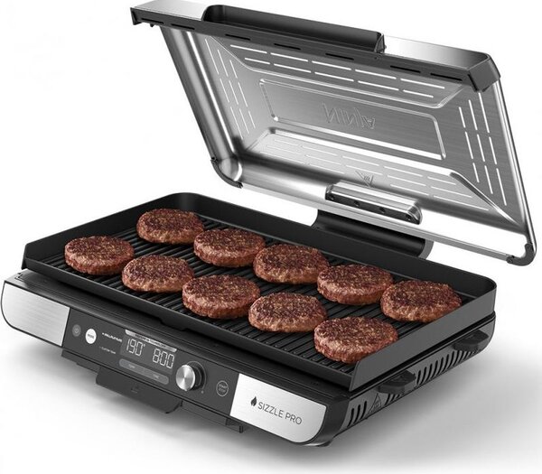 Grill elettrico Ninja Sizzle Pro XL GX101EU, 1800W, 120°-260°C, 2 piastre in Vetroceramica, 10 hamburger, ProTemp IQ, coperchio rimovibile, nero/acciaio inox