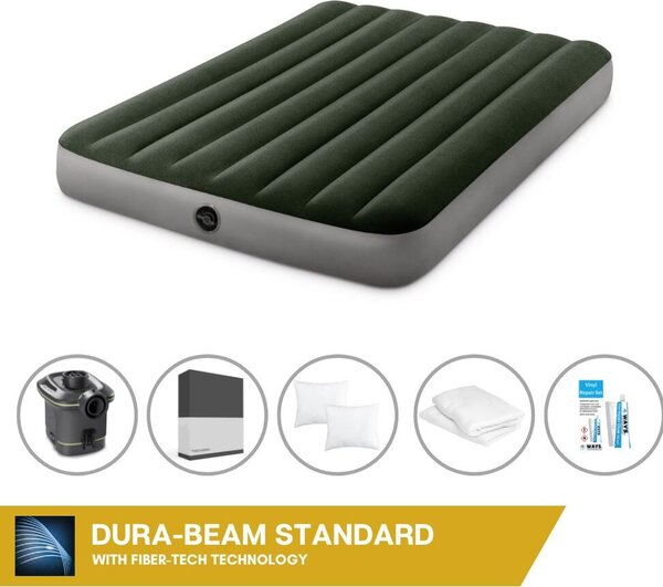 Letto ad aria Intex - 2 persone - 137 x 191 x 25 cm - Verde - Con pompa + lenzuolo nero + cuscino + federe Molton 2 in 1 + set di riparazione