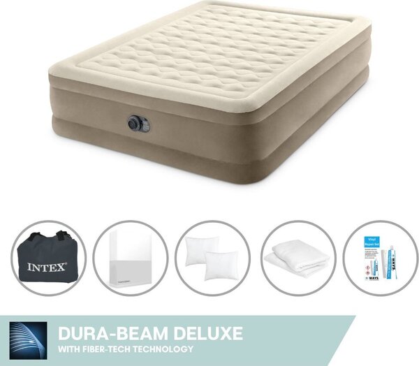 Letto ad aria Intex - 2 persone - 152 x 203 x 46 cm - Beige - Con pompa incorporata, lenzuola bianche, cuscino, federe Molton 2 in 1 e set di riparazione