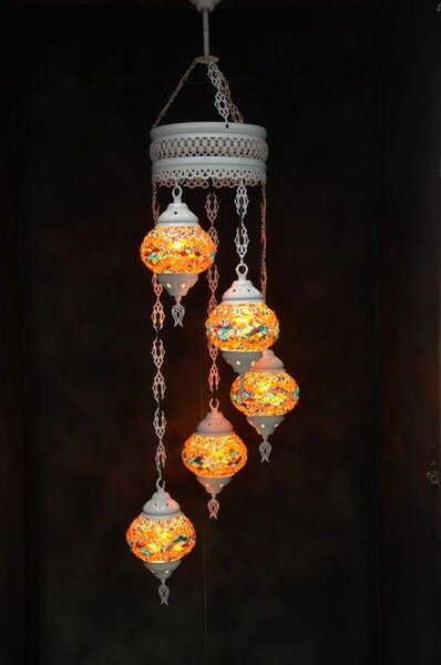Lampada a sospensione in vetro colorato con 5 sfere a mosaico in stile orientale, lampada da soffitto marocchina in bianco crema