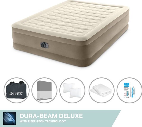 Letto ad aria Intex - 2 persone - 152 x 203 x 46 cm - Beige - Con pompa incorporata + lenzuola antracite + cuscino + federe Molton 2 in 1 + set di riparazione