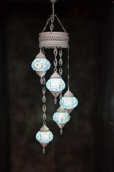 Lampada a sospensione in vetro blu colorato con 5 sfere a mosaico, lampada da soffitto in stile marocchino orientale color bianco crema