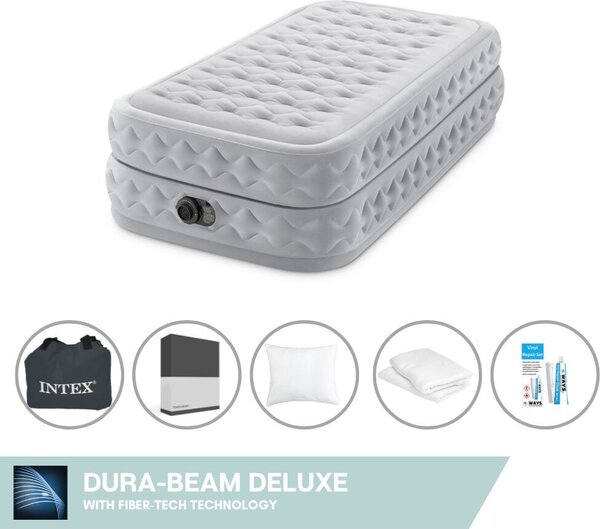 Intex Airbed - 1 persona - 99 x 191 x 51 cm - Grigio - Con pompa incorporata, lenzuolo nero, cuscino, federe Molton 2 in 1 e set di riparazione