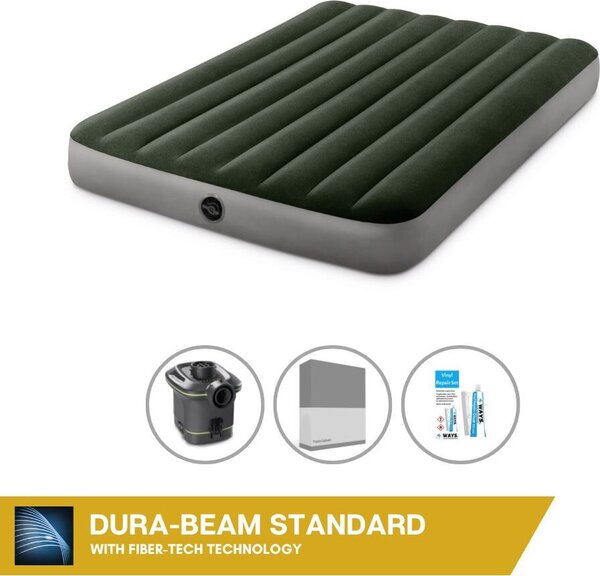 Letto gonfiabile Intex - 2 persone - 137 x 191 x 25 cm - Verde - Con pompa + lenzuola antracite + set di riparazione