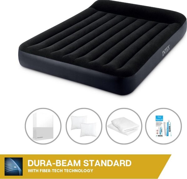 Letto ad aria Intex - 2 persone - 152 x 203 x 25 cm - Blu - Con pompa incorporata, lenzuola bianche, cuscino, federe Molton 2 in 1 e set di riparazione