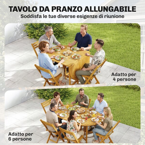 Outsunny Set Pranzo 7 Pezzi, Tavolo Estensibile Legno e 6 Sedie Pieghevoli per Giardino | Aosom Italy