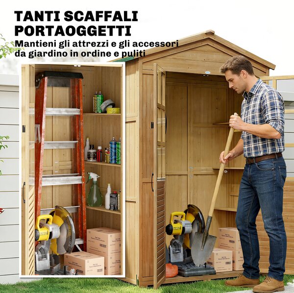 Outsunny Armadio da Giardino in Legno con Finestre Trasparenti, 128x57.5x197 cm, Marrone Chiaro | Aosom Italy